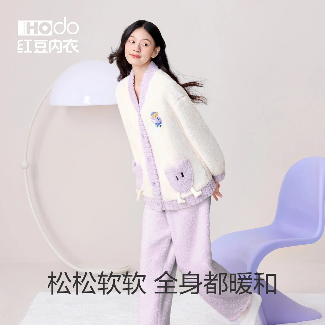红豆珊瑚绒睡衣女冬季可外穿少女加厚V领保暖毛绒家居服套装11
