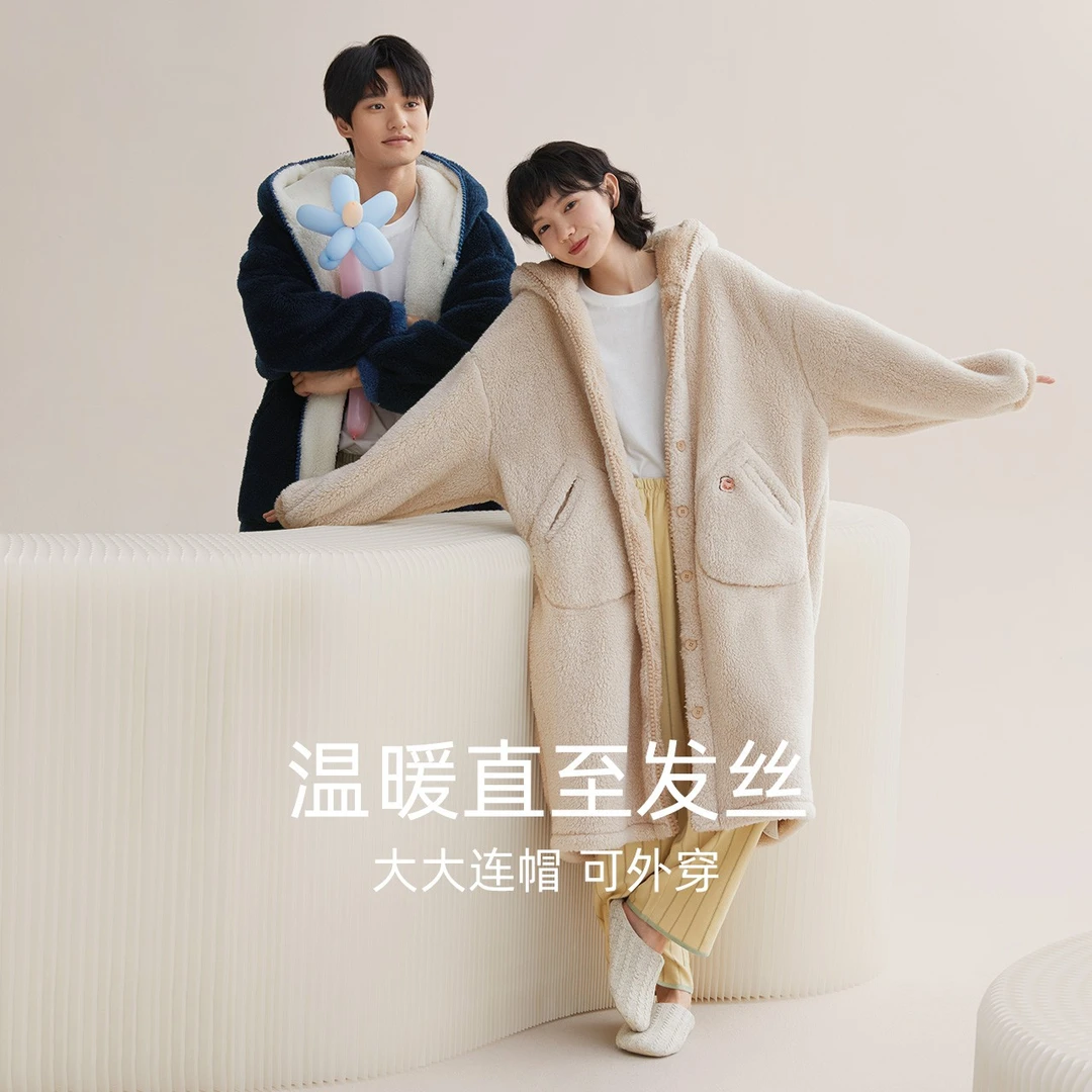 红豆情侣珊瑚绒睡袍加厚男士连帽浴袍女秋冬法兰绒睡衣新款家居服