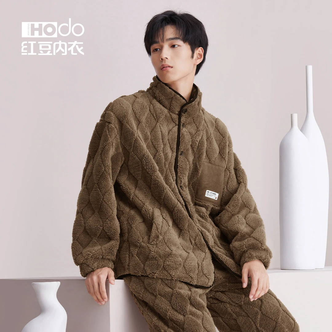 红豆居家男士珊瑚绒睡衣长袖套装法兰绒立领加厚家居服大码冬季11