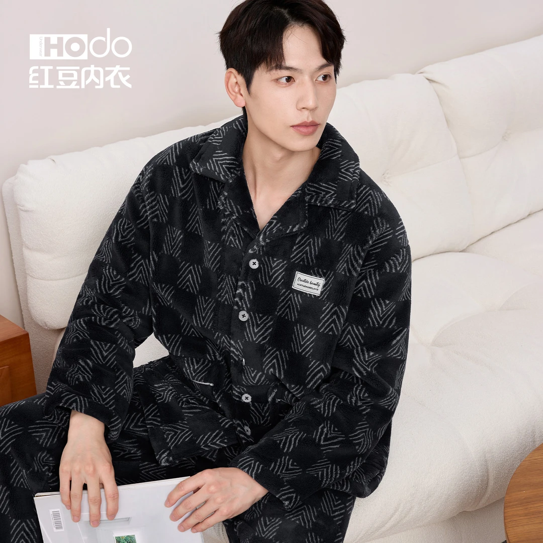 红豆珊瑚绒睡衣男士套装法兰绒抗静电加绒保暖毛绒家居服秋冬11