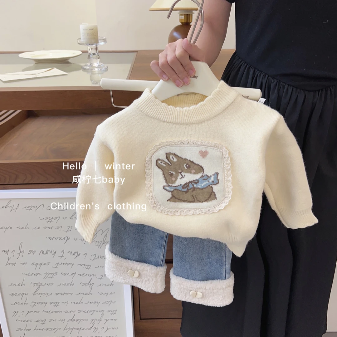 【现现】女童毛衣秋冬季23新款针织套头儿童宝宝洋气一体绒打底加厚