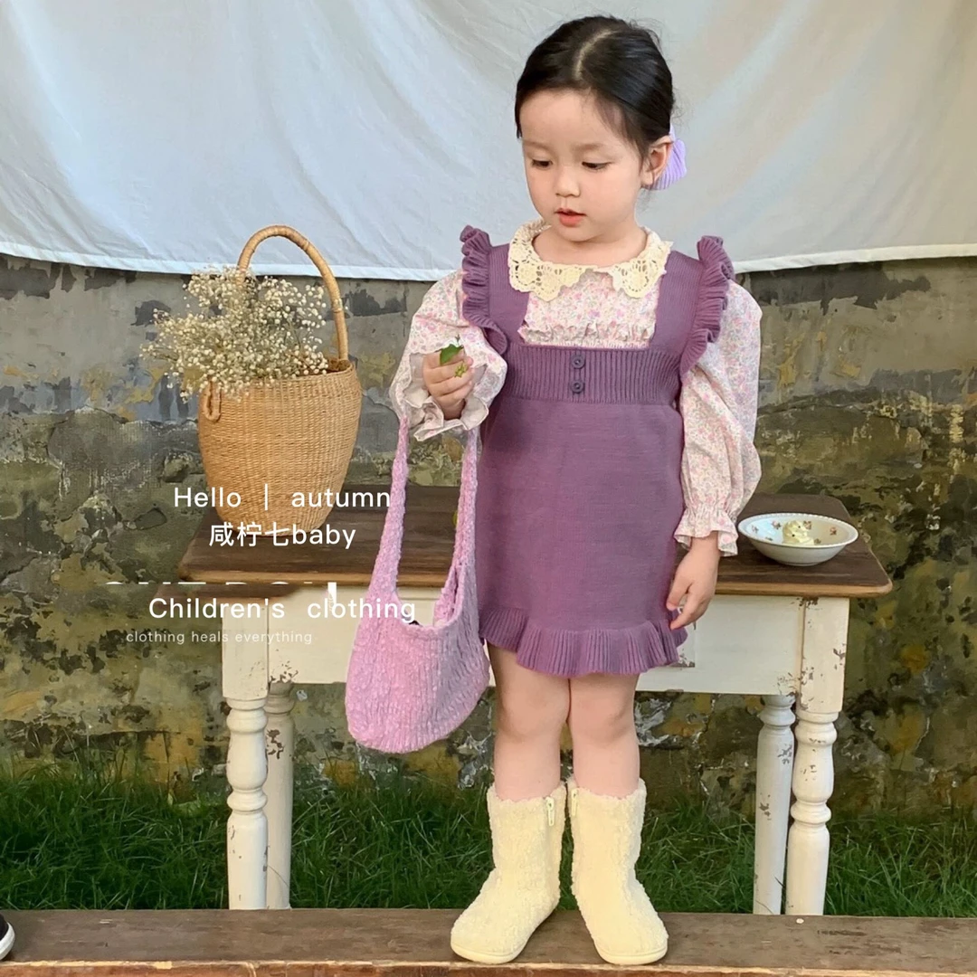 女童春季连衣裙2023新款韩版童装儿童洋气时尚针织花边背心裙甜美