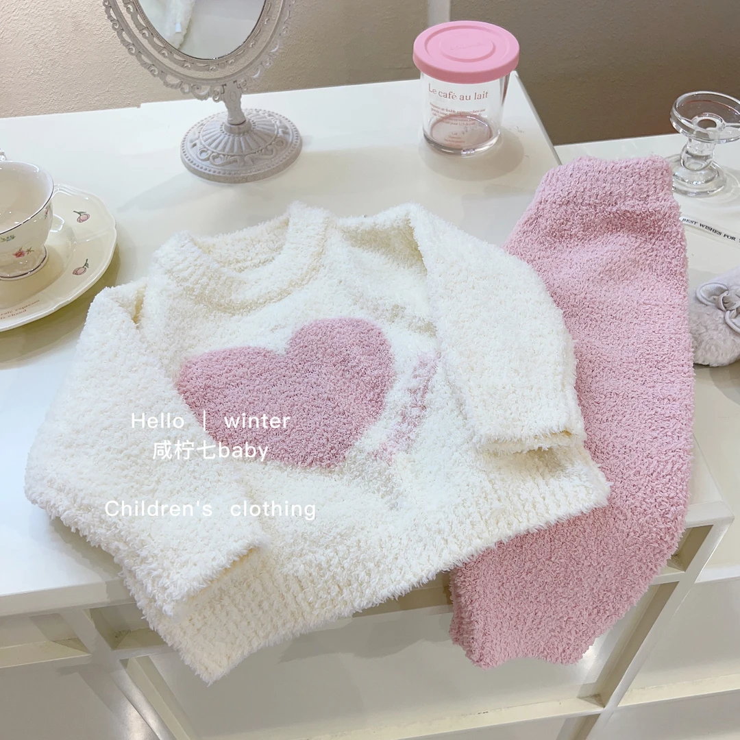 女童半边绒睡衣冬季珊瑚绒套装宝宝秋冬秋季毛绒家居服2023新款