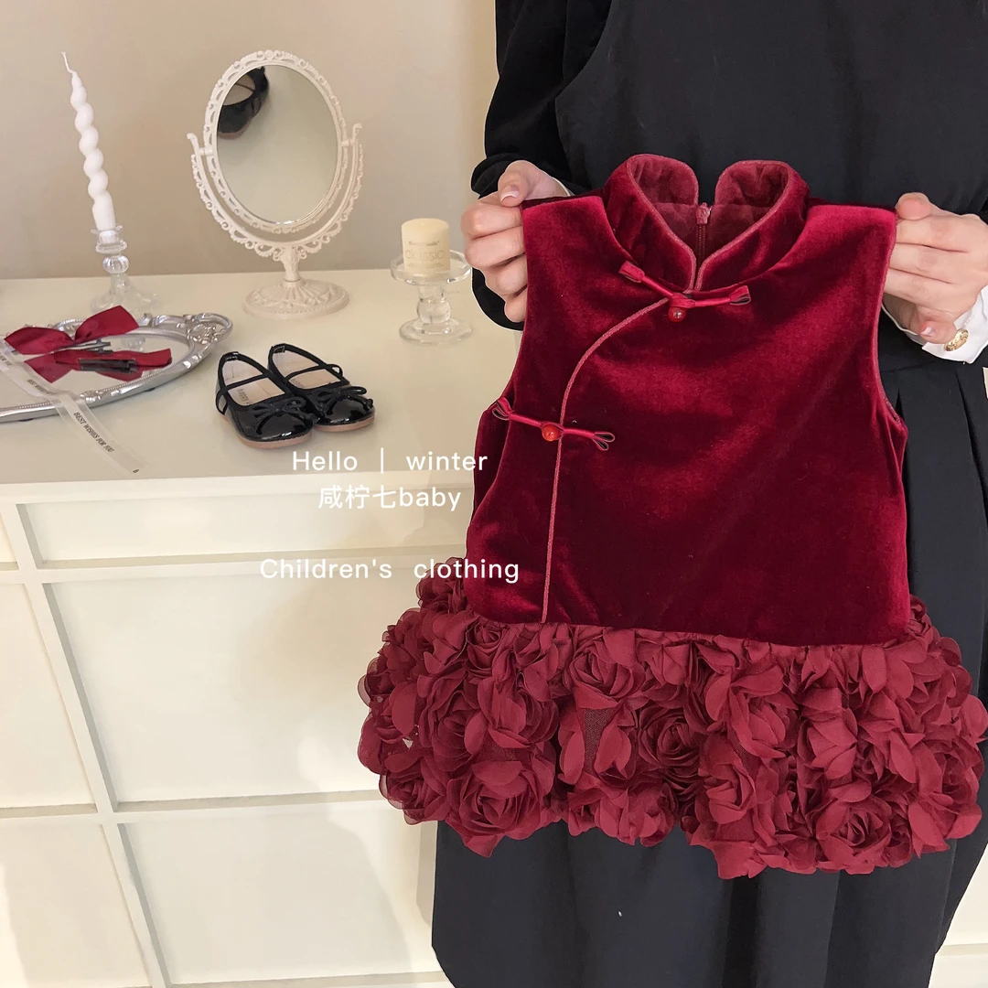 【现现】女童加绒冬款新年服红色国风旗袍玫瑰花边连衣裙背心裙女宝
