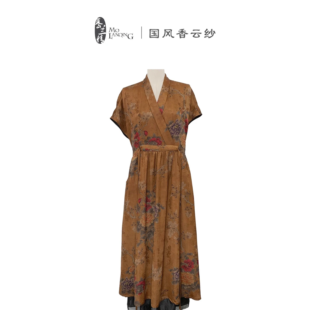 【金玉簪青】香云纱重缎新中式国风复古宽松阔版印花连衣裙1367