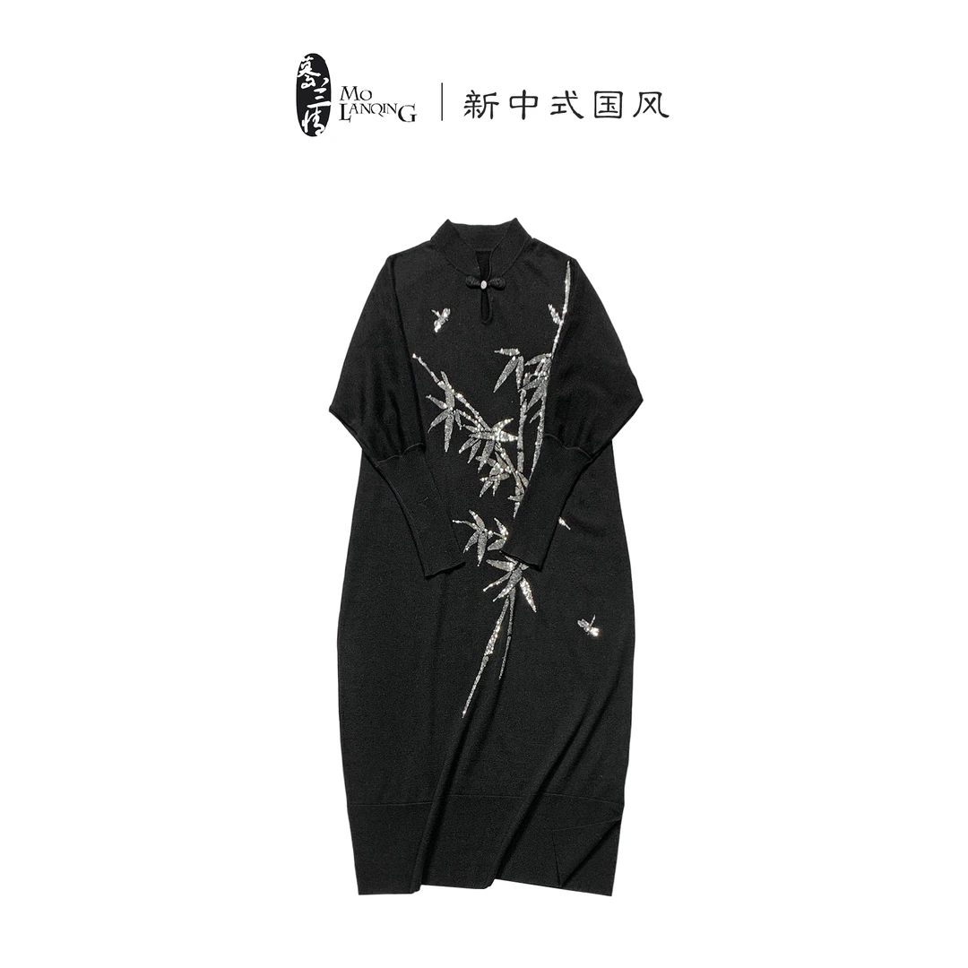 【东方美】重工刺绣修身优雅秋冬立领针织裙女士长袖连衣裙24197