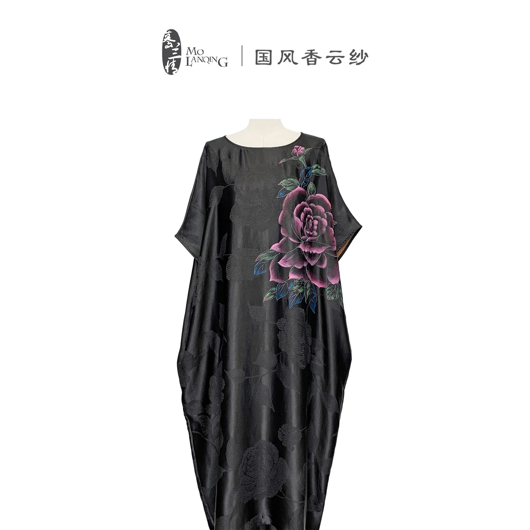 【手绘牡丹】香云纱重缎新中式国风圆领宽松阔版长款连衣裙1306