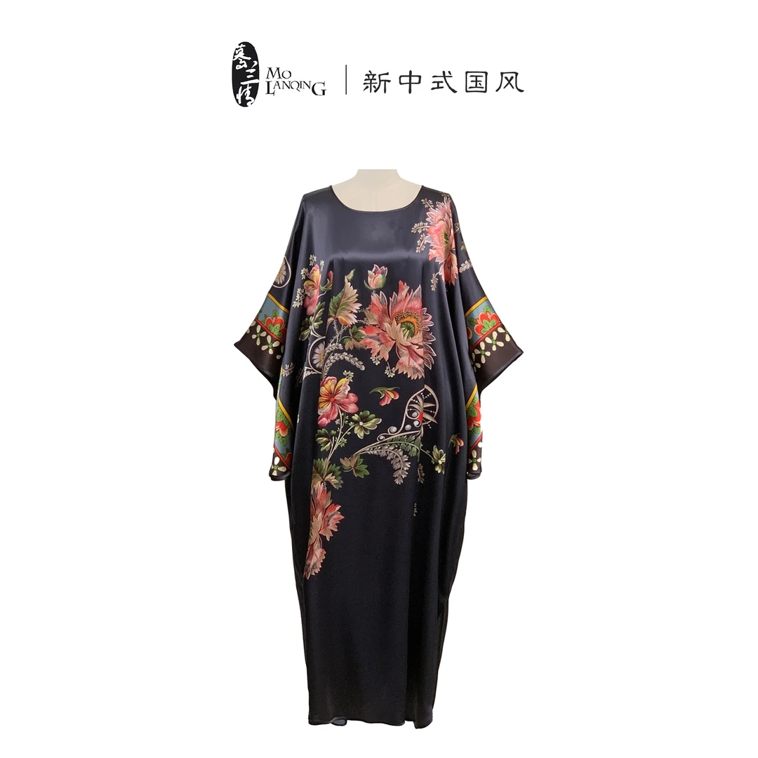 【慕天】国风复古阔版圆领夏季清凉中长款印花宽松连衣裙1445