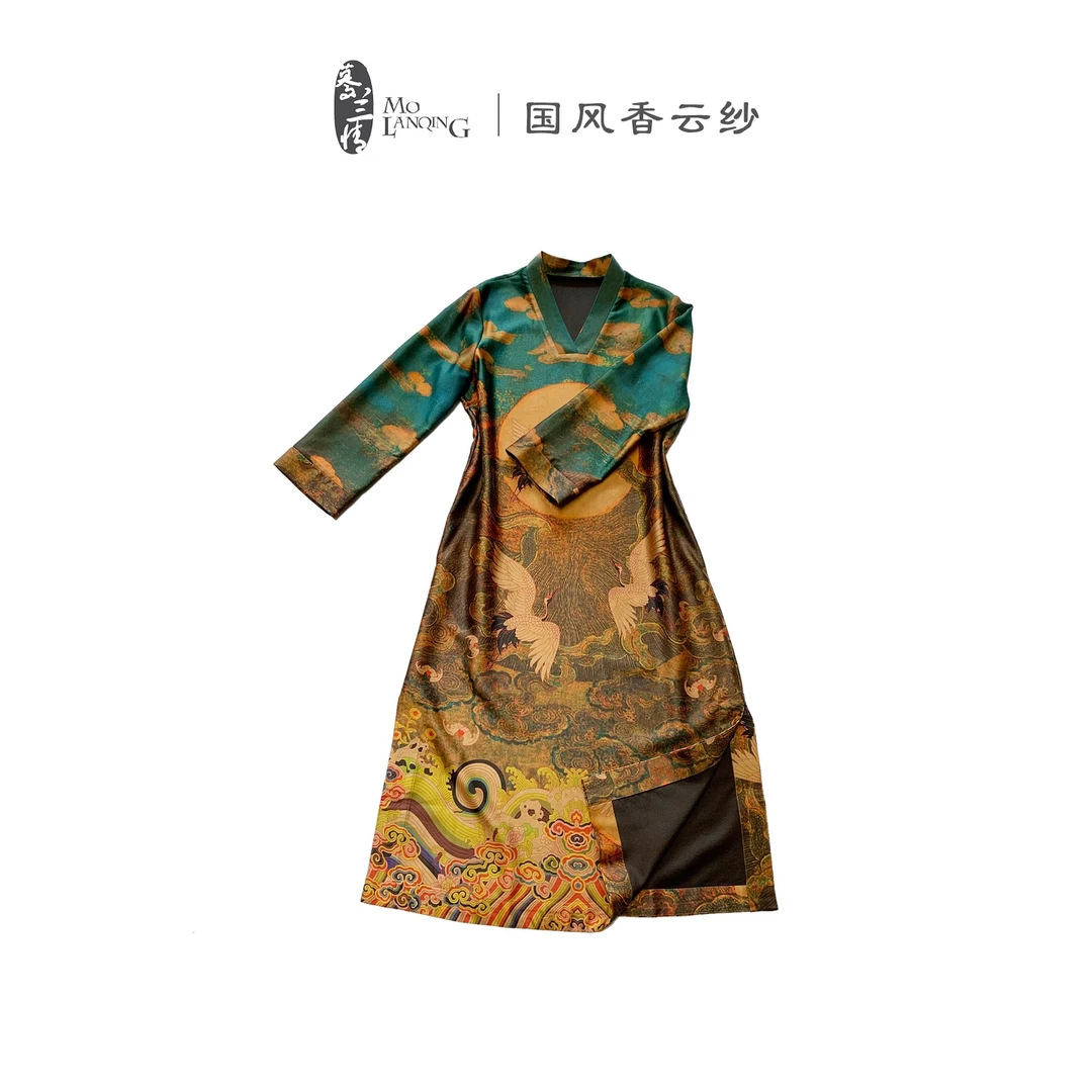 【云中鹤大袍】香云纱重缎中式国风复古宽松休闲长袖v领连衣裙1071