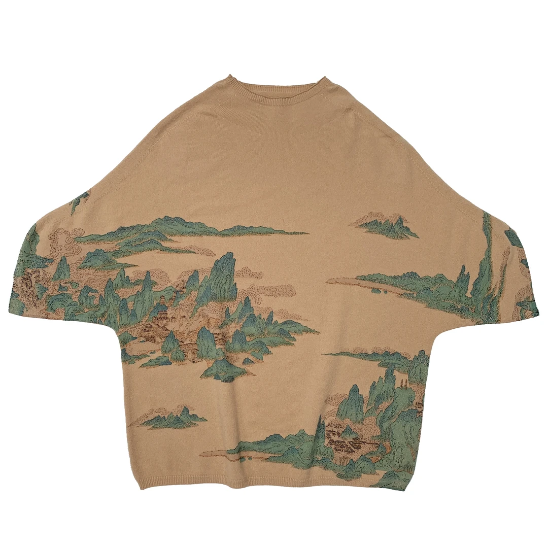 【湖山春暖图】新中式印花半高领时尚打底上衣3001