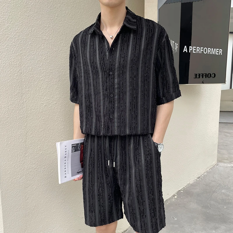 2024新款时尚条纹套装男士轻熟风夏季宽松透气薄款衬衫短裤两件套