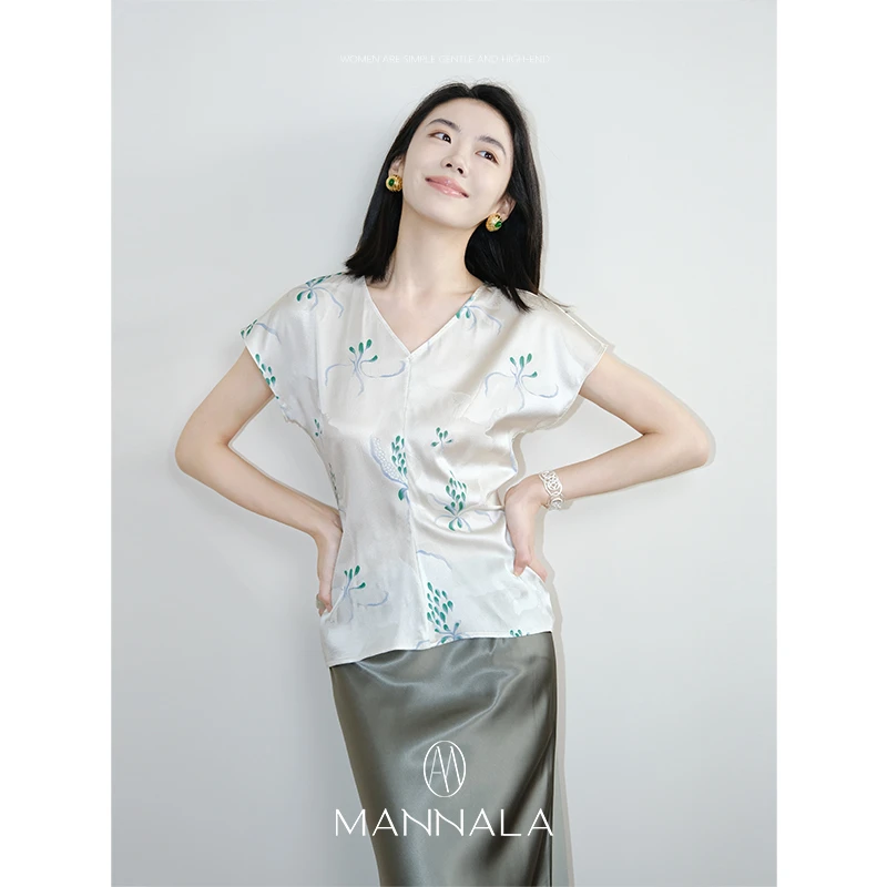 MANNALA丨“榴夏”高端鼎级6A弹力手绘蝴蝶缎真丝上衣 Q2332