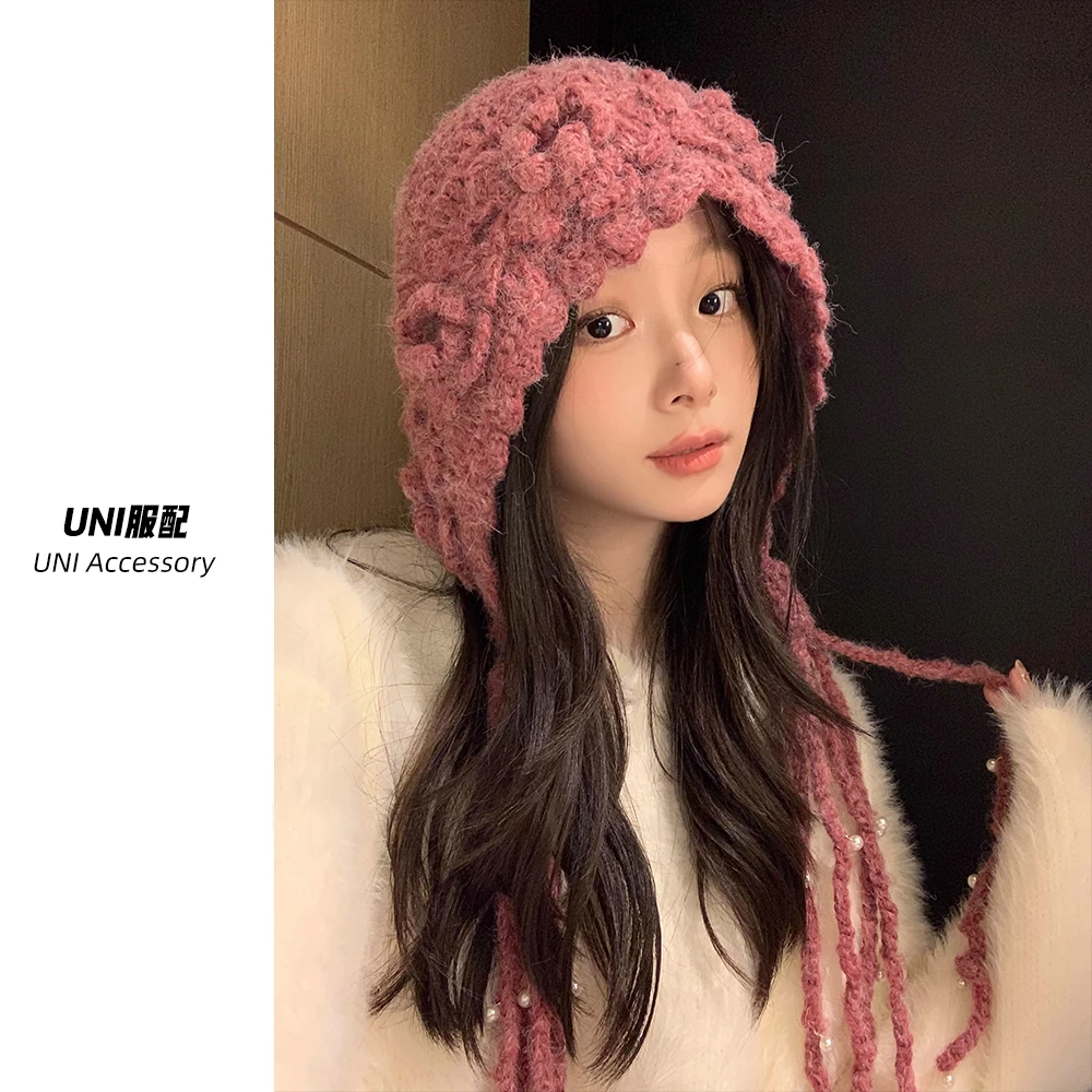 秋冬新款民族风立体花朵手工针织帽女秋冬保暖显脸小珠流苏包头帽