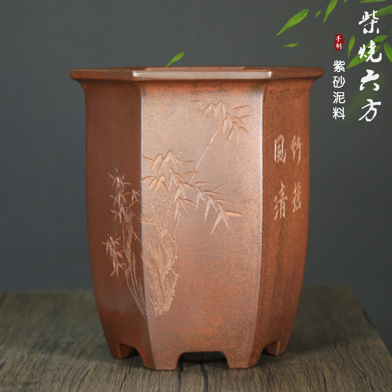 紫砂兰花盆柴烧精品高档宜兴陶瓷花盆手工刻绘特大号六方墨蕙春兰