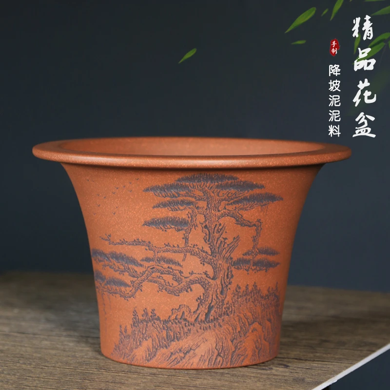 神力精品紫砂花盆锦石通转刻绘降坡泥大漂口紫砂花盆绿植盆栽盆景