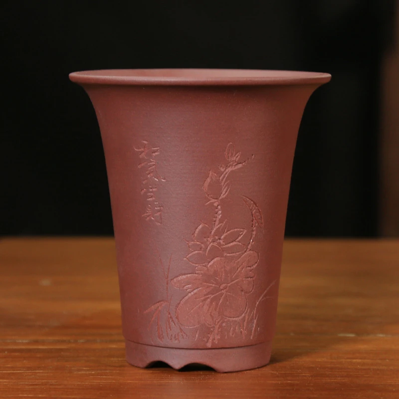 宜兴紫砂兰花盆 精品紫砂花盆 多肉紫砂花盆枣红泥束腰兰花盆