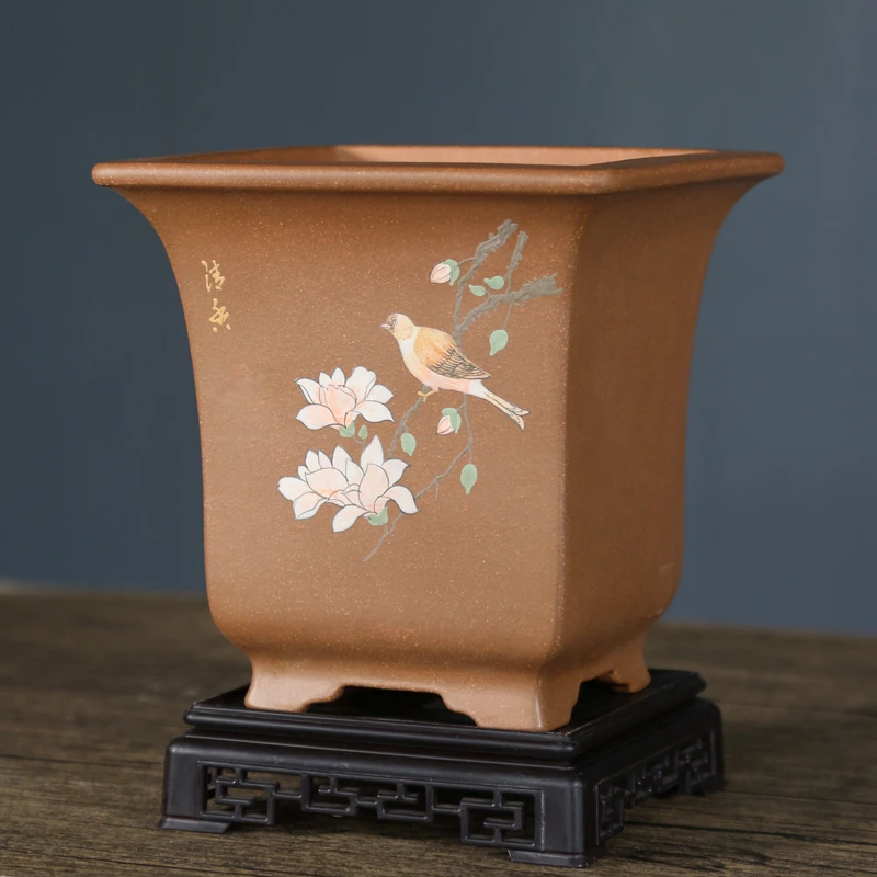 宜兴紫砂花盆四方泥绘降坡泥古典兰花盆室内桌面绿植盆栽盆景盆