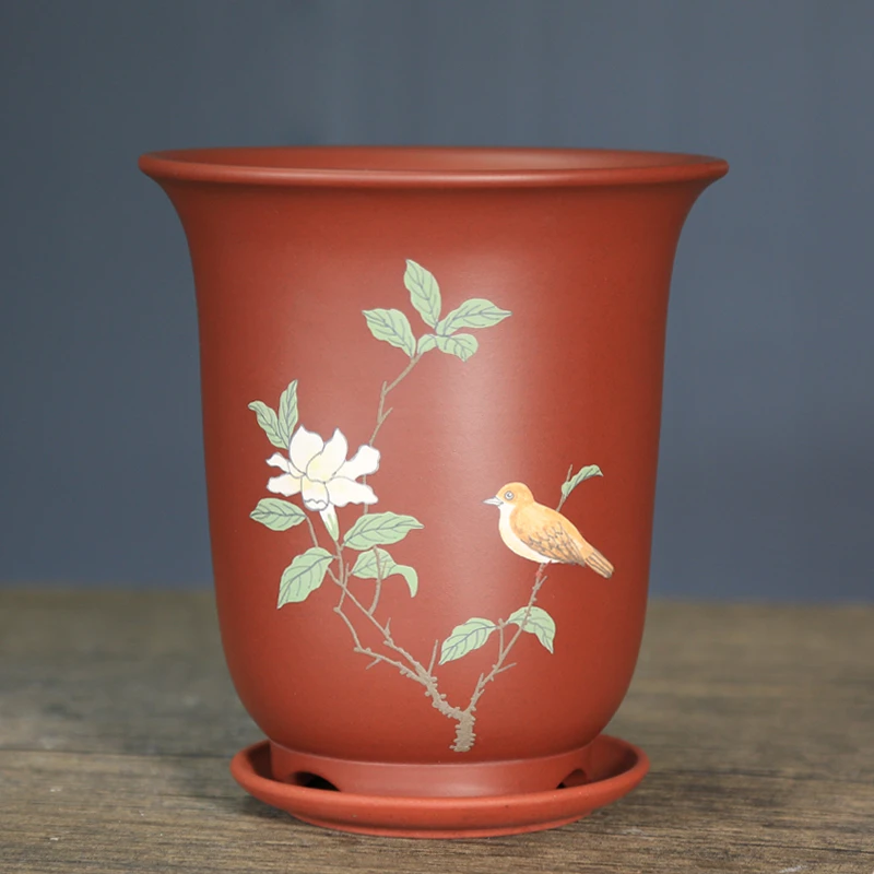 神力精品紫砂兰花盆大红袍彩绘京钟带托兰花盆古典中国风绿植花盆