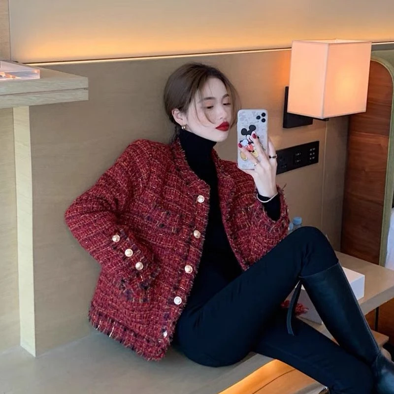 小香风长袖外套女2024秋季粗花呢外套女酒红色小个子上衣女潮