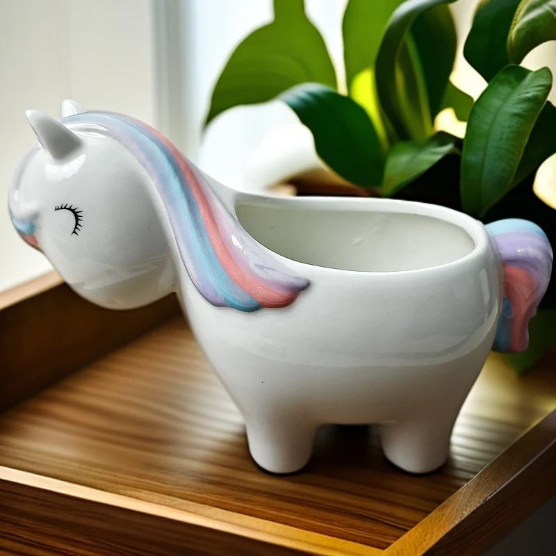陶瓷卡通独角兽小马桌面盆栽摆件多肉植物花盆微瑕凑满20元包邮