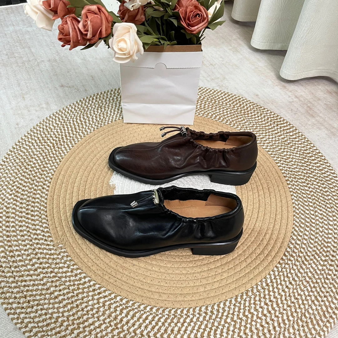 简约时尚百搭气质舒适2024春秋款低跟乐福鞋粗跟真皮方头女款单鞋