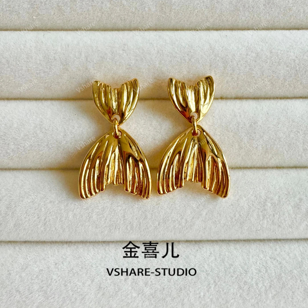 铜合金耳饰 【人鱼尾】手工气质轻奢时尚复古小众百搭古法金色耳钉