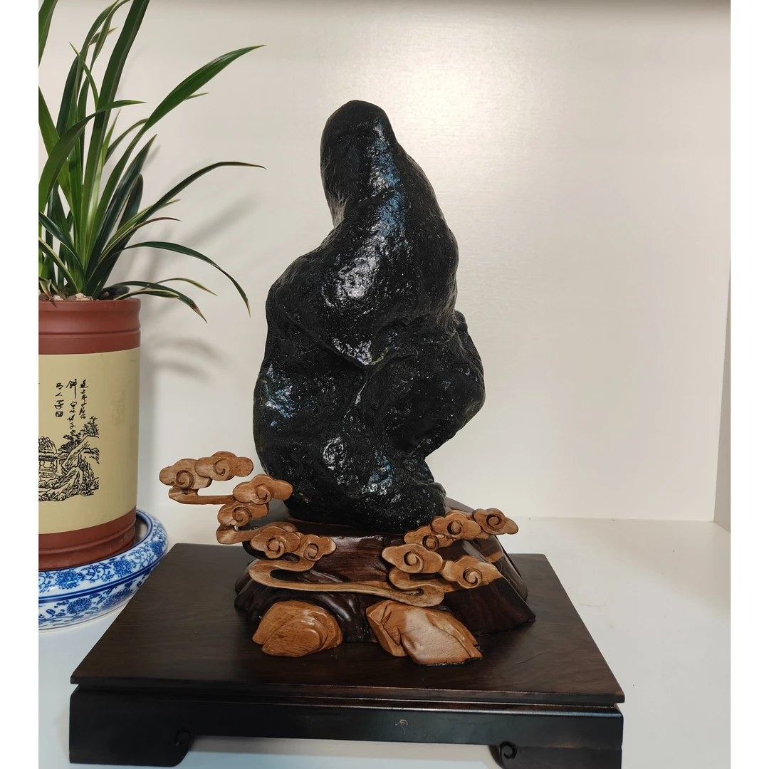 题名:布袋和尚  石种:印尼黑金刚17×33×16（cm）摆件中老年禅意精美