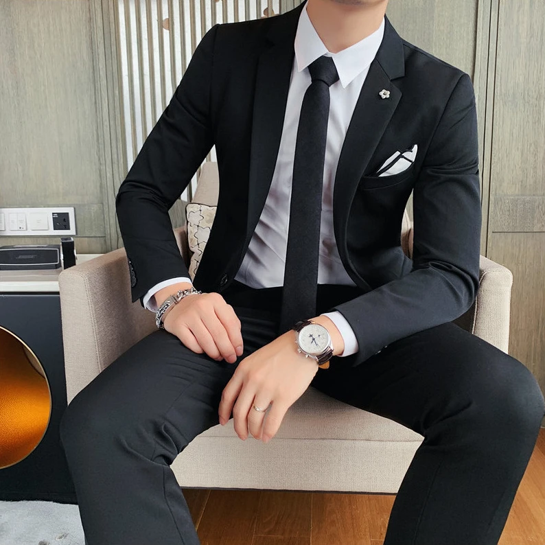 痞帅气质单排扣英伦商务休闲修身结婚男西装套装正装有大码