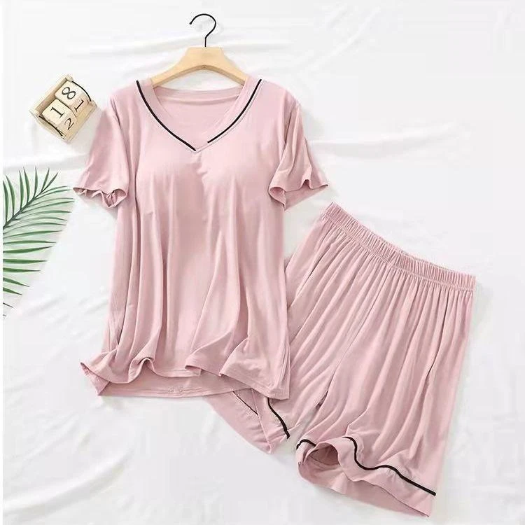 纯色带胸垫睡衣女夏天薄款宽松短袖短裤七分裤套装可外穿家居服