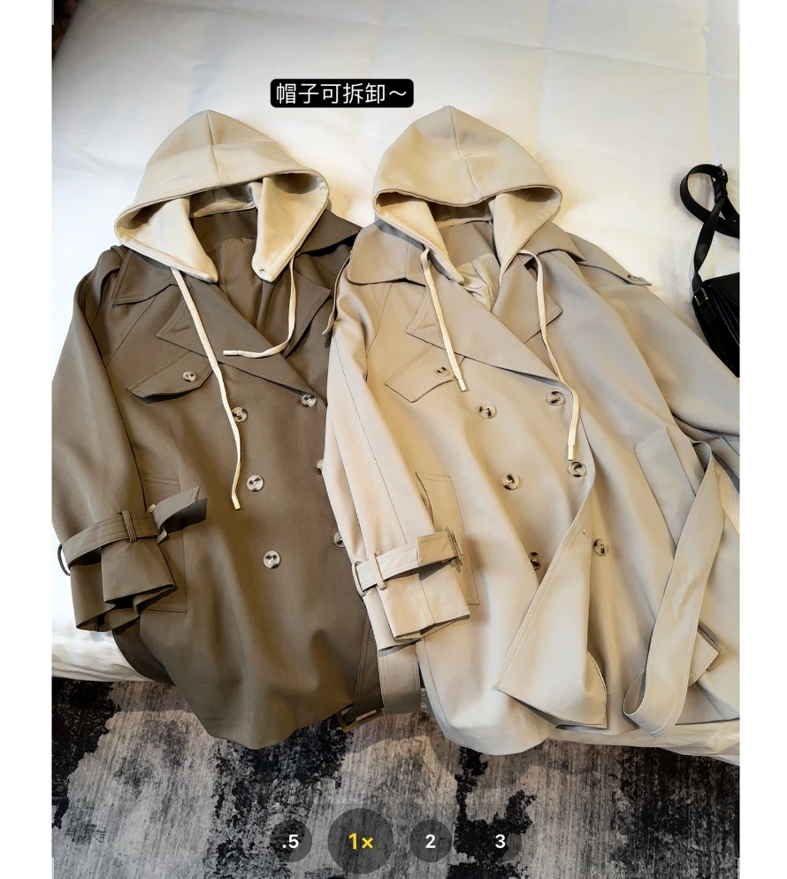 @韩系休闲可拆卸帽子廓形风衣外套  C0003