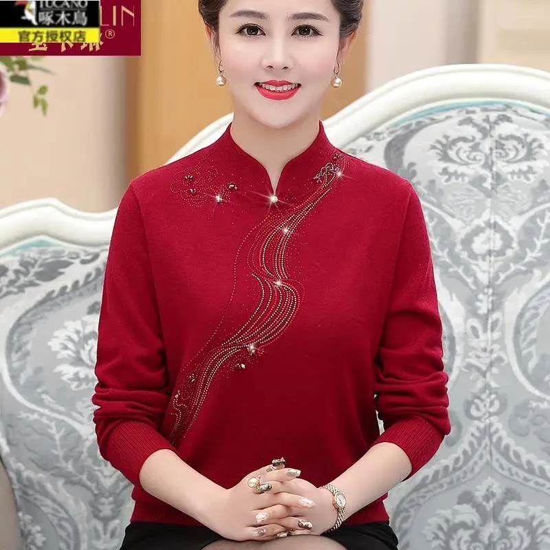 中年妈妈秋冬打底羊毛衫旗袍领毛衣女中老年人女装本命年红色衣服
