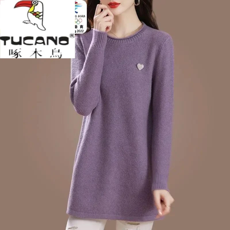 啄木鸟羊毛衫女外穿中长款毛衣宽松大码春秋薄毛衣胖高