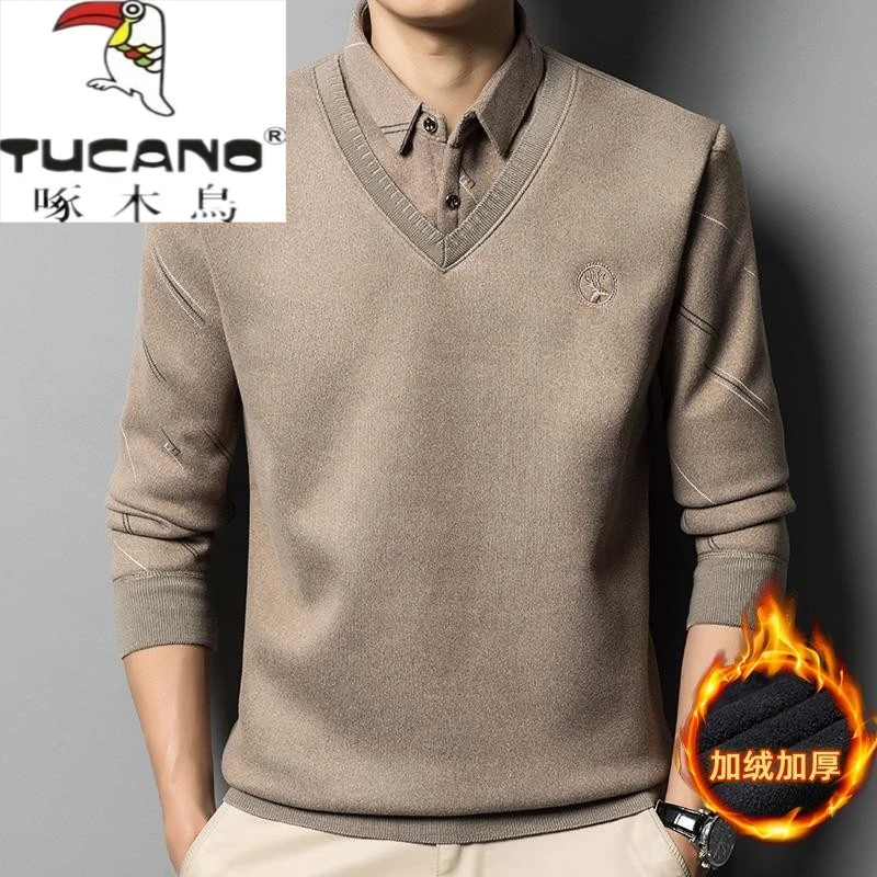 啄木鸟冬季中老年男士加绒加厚假两件毛衣爸爸装衬衫领休闲打底衫