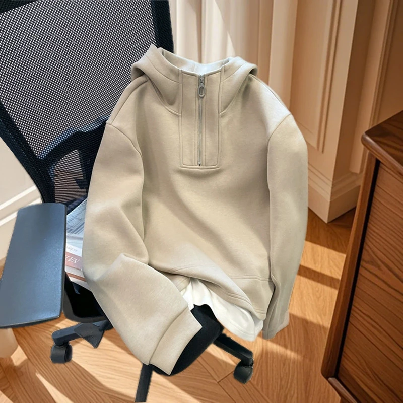 秋上新宽松款连帽立领半拉链拼接长袖上衣大码女装学院风外搭卫衣