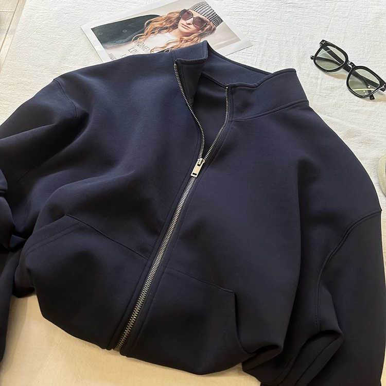 新款宽松大码休闲百搭长袖空气层开衫外套藏青色立领拉链卫衣男女
