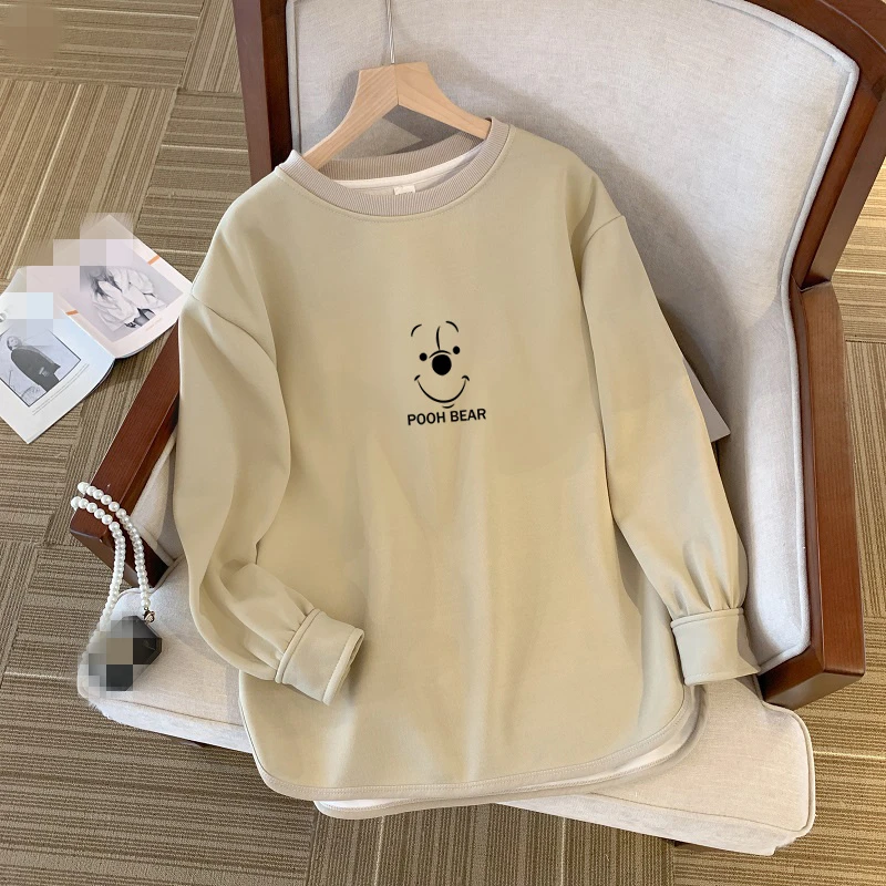 网红爆款卡通维尼熊印花长袖T恤女新款加绒大码300斤宽松打底衫