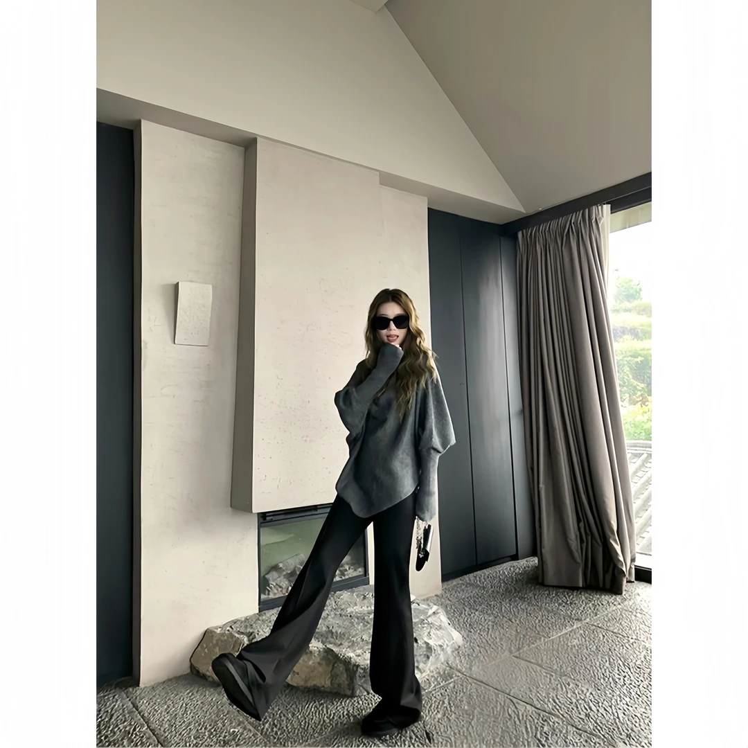 秋季时尚高级不规则软糯舒适灰色针织上衣高腰百搭显瘦休闲阔退裤