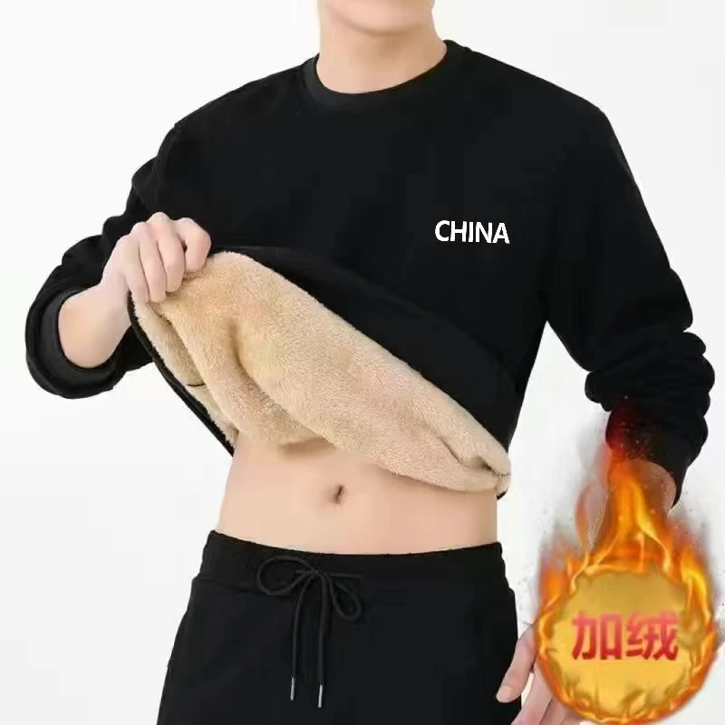 秋冬季羊羔绒圆领卫衣男加绒加厚大码宽松长袖上衣防寒保暖打底衫