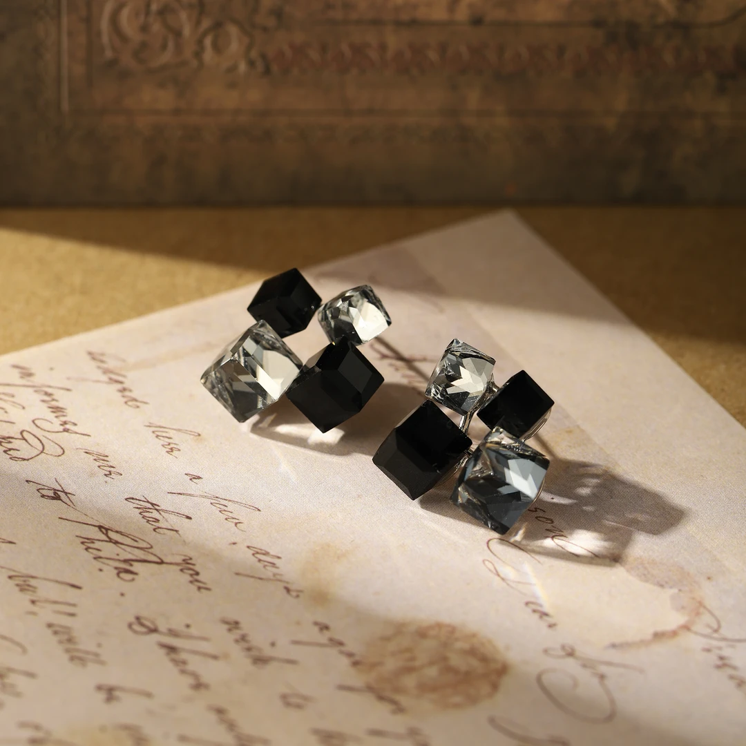 WANQI/万启 铜合金耳饰 925银针【水立方】时尚百搭黑色手工耳环X27
