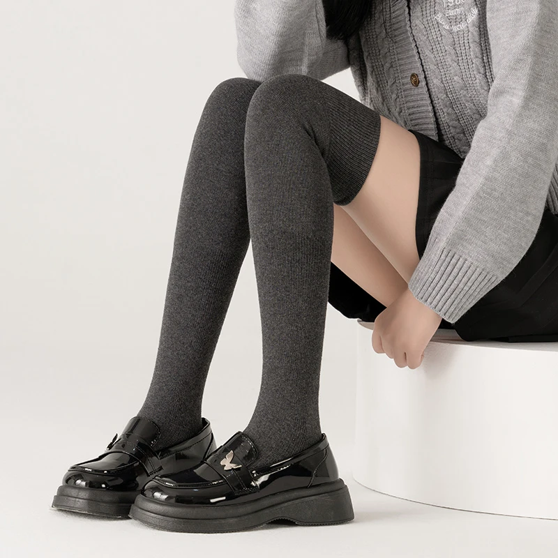 陌秀深灰色过膝袜女秋冬护膝防滑加绒加厚长袜冬季毛圈jk长筒袜子