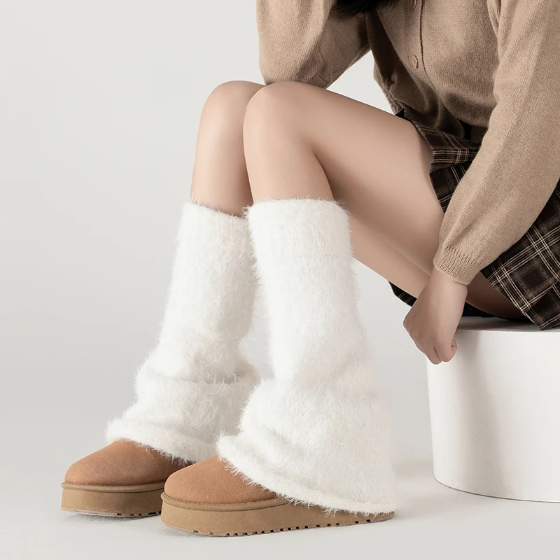 陌秀毛毛雪地靴袜套女秋冬堆堆袜jk白色腿套y2k阔腿喇叭毛绒袜子