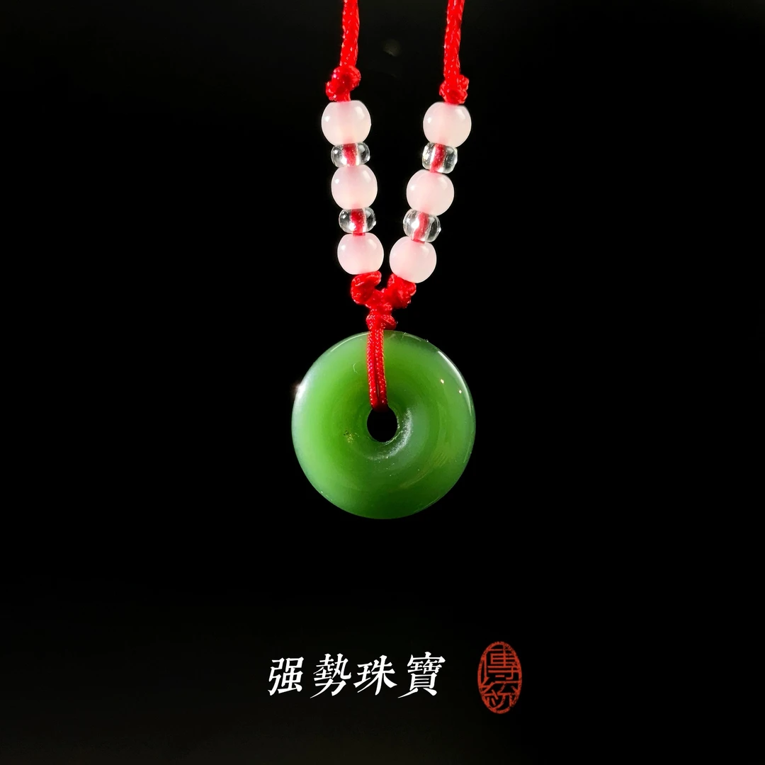 天然和田菠菜绿平安扣吊坠百搭款带绳DYLQ7