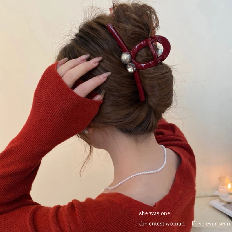 车厘子红色抓夹法式气质鲨鱼夹复古百搭半扎发后脑勺半扎发抓夹