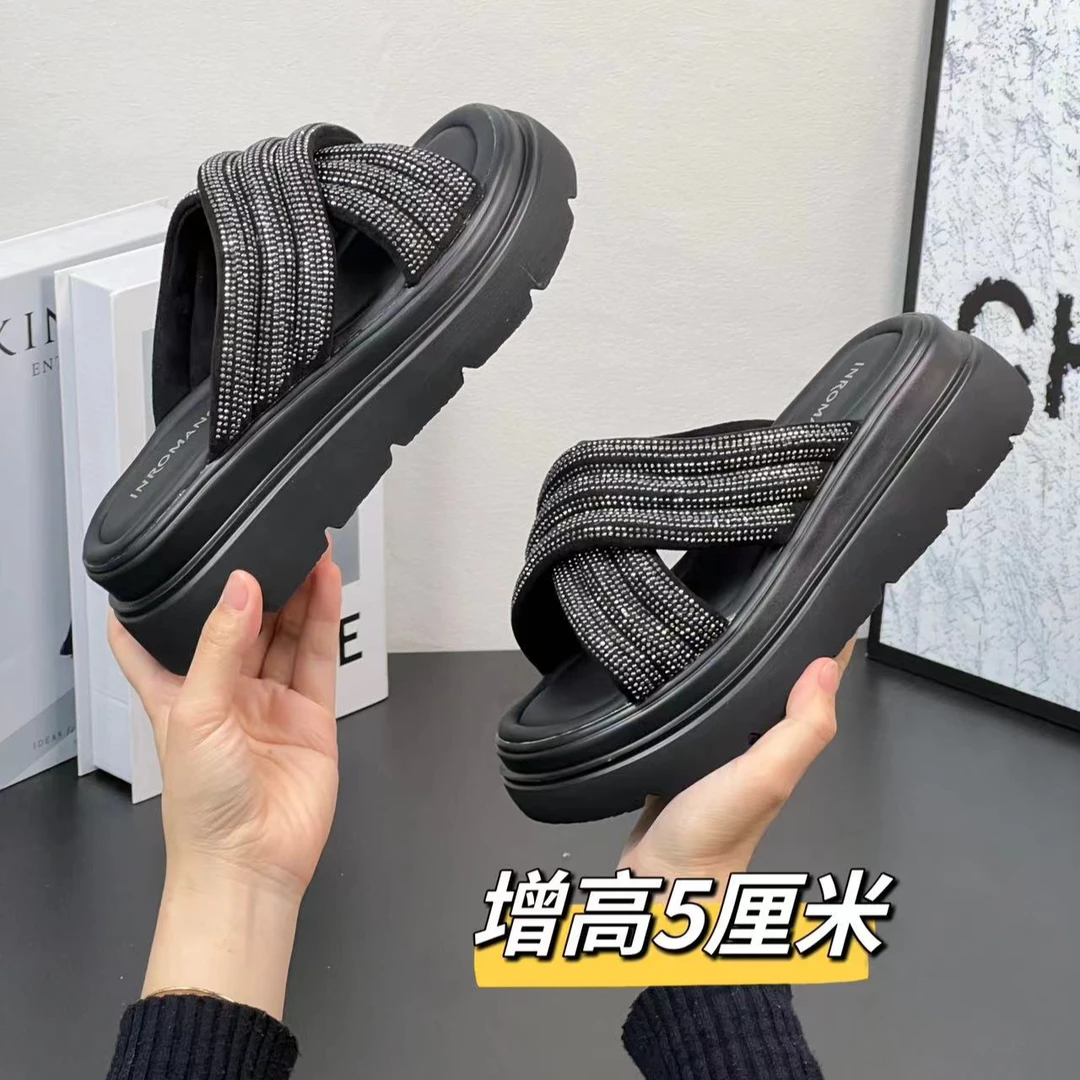5厘米】闪钻外穿厚底夏季百搭时尚休闲松糕底软底拖鞋增高防滑女士