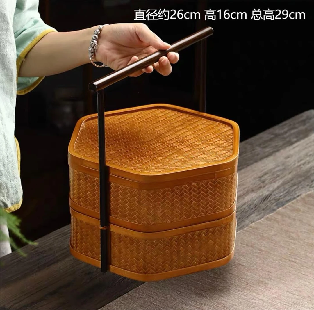 SH大漆六角双层提盒复古客厅家用竹编提盒