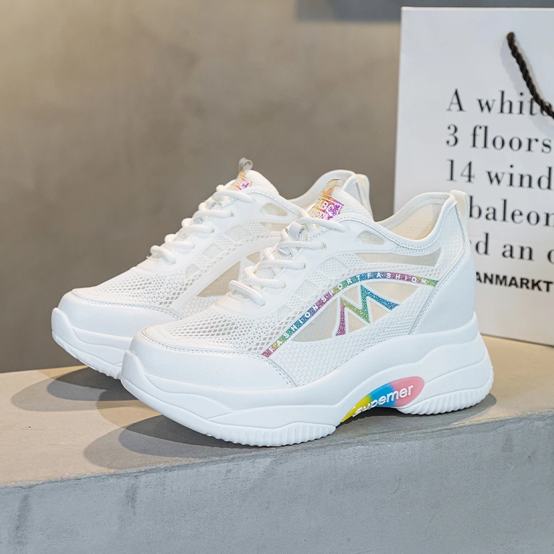 内增高8CM厚底小个子网面网纱透气夏季真皮运动鞋小白鞋老爹鞋女