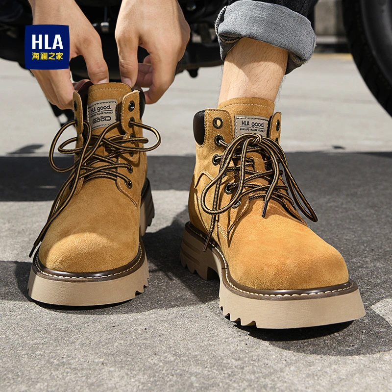 HLA/海澜之家24新款户外复古休闲雅丹风工装鞋男士轻便高帮马丁靴