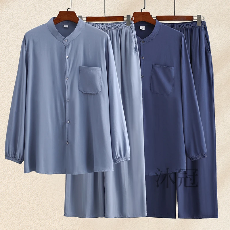 中老年长袖长裤套装爸爸夏绵绸上衣空调服开衫爷爷人造棉家居睡衣