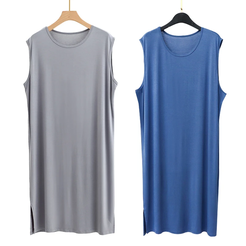 男士睡裙夏凉感莫代尔无袖薄款睡袍长袍睡衣连体家居服浴袍连衣裙