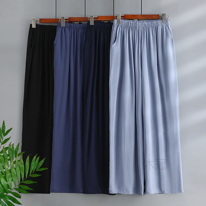 棉绸阔腿裤男士夏季薄款中老年爸爸家居长裤宽松休闲直筒人造棉睡